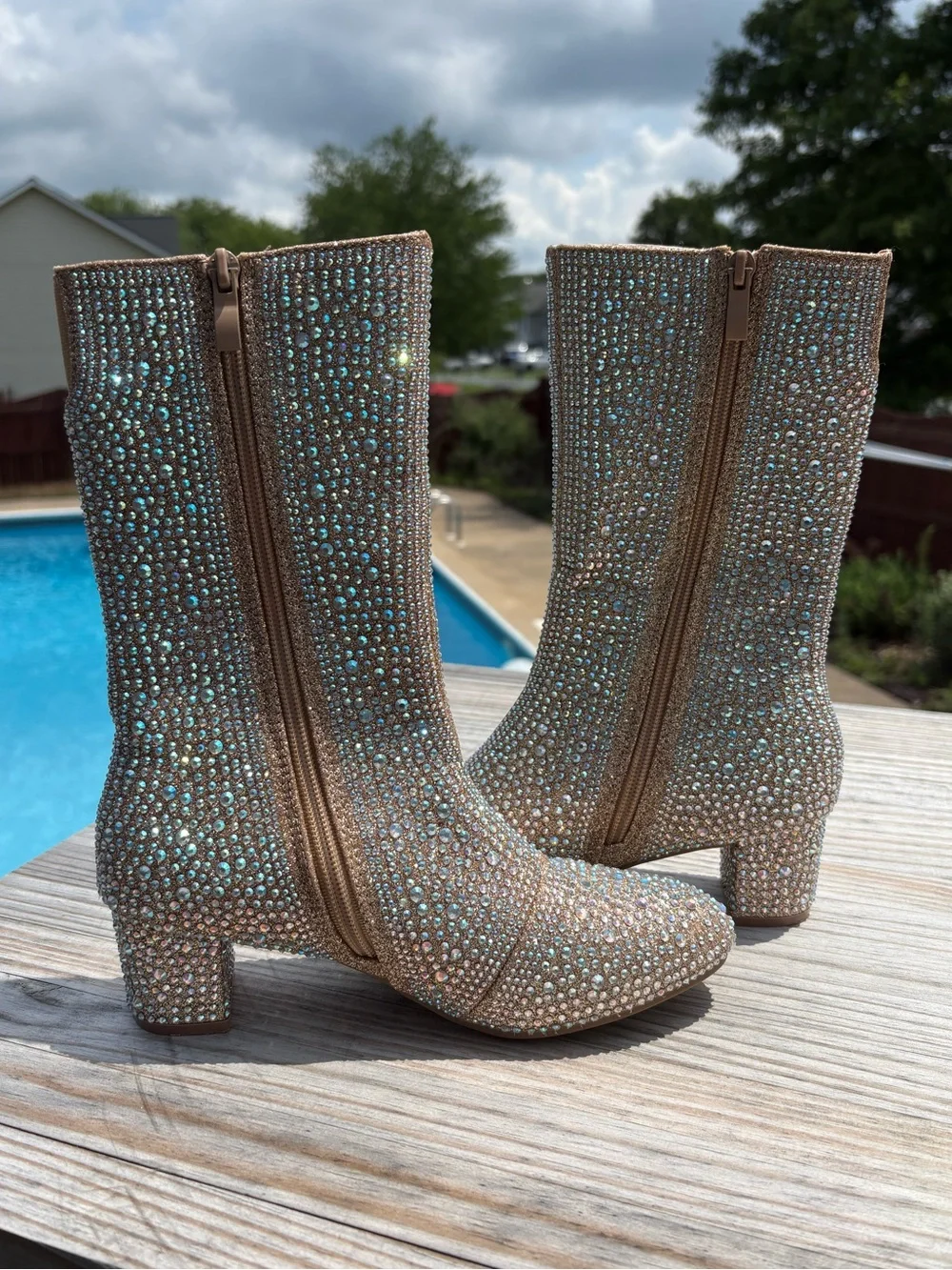 Rhinestone Tall, Round Toe, Chunky Low Heel Girls Boots Size 4